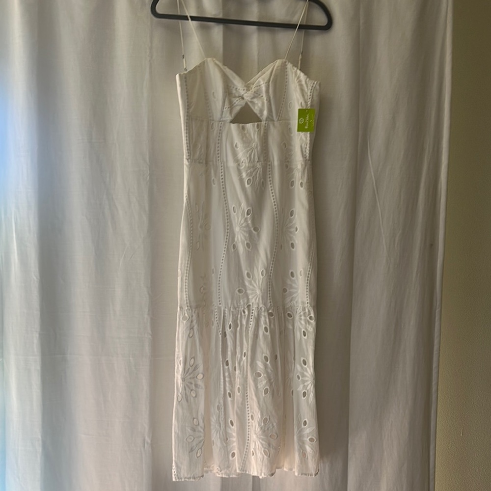 Karina Grimaldi White Midi Sundress with Spaghetti Straps and Ruffled Tiers